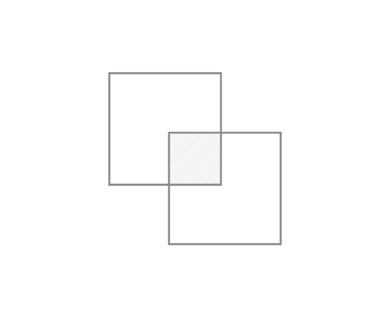 Diagram showing two square volumes overlapping at a shared central courtyard space