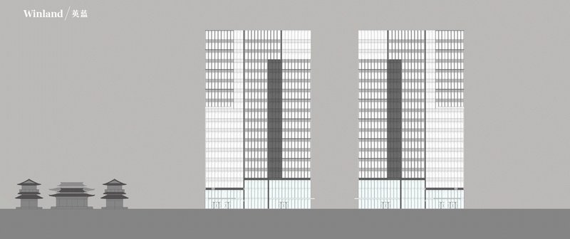 Elevation drawing showing twin high-rise towers with gridded facades beside traditional temple silhouettes