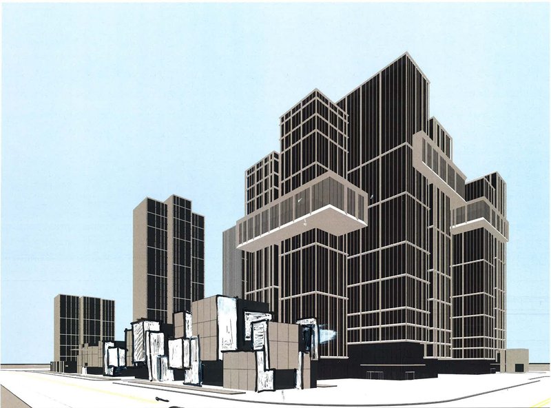 Axonometric view showing stepped tower massing with vertical metal fins wrapping the facades