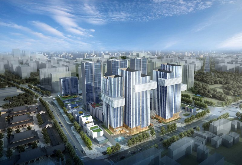 Aerial rendering of the tower complex with vertical striped facades and surrounding tree-lined boulevards