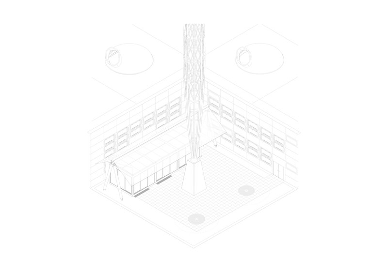 Isometric drawing showing a double-height interior with bookshelves, a reception desk, and a central vertical element