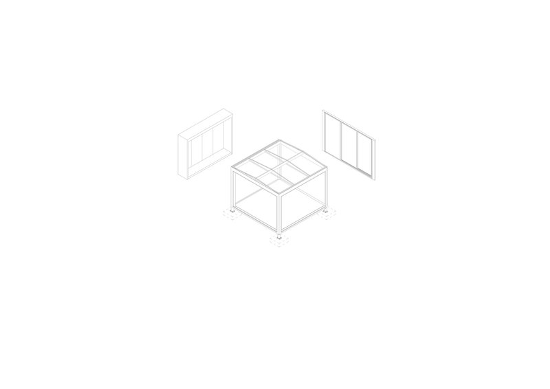 Exploded axonometric drawing showing a pavilion core with detached glazed wall panels on either side