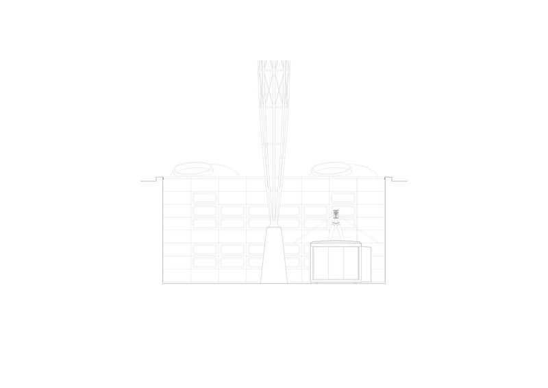 Elevation drawing depicting a central tower with radiating cables over a low horizontal structure flanked by residential blocks
