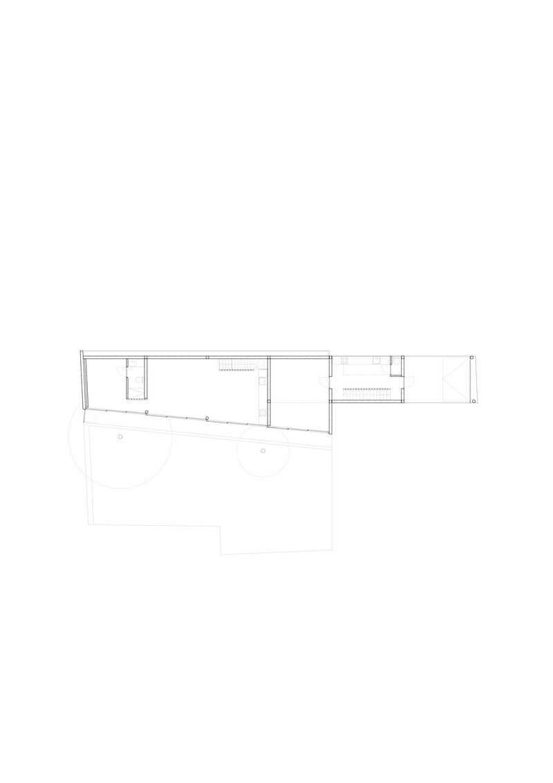 Floor plan drawing depicting an angular layout with terraces and interior room divisions