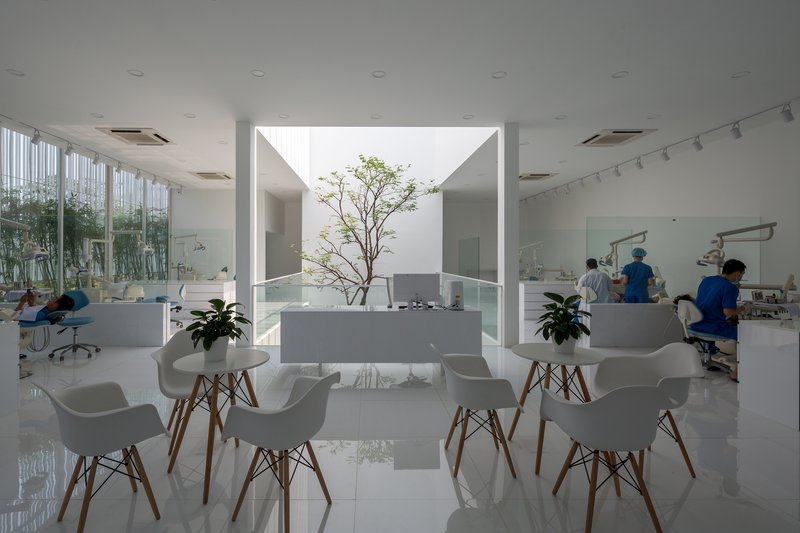 Waiting area with white chairs framing a central courtyard containing a tree under a skylight