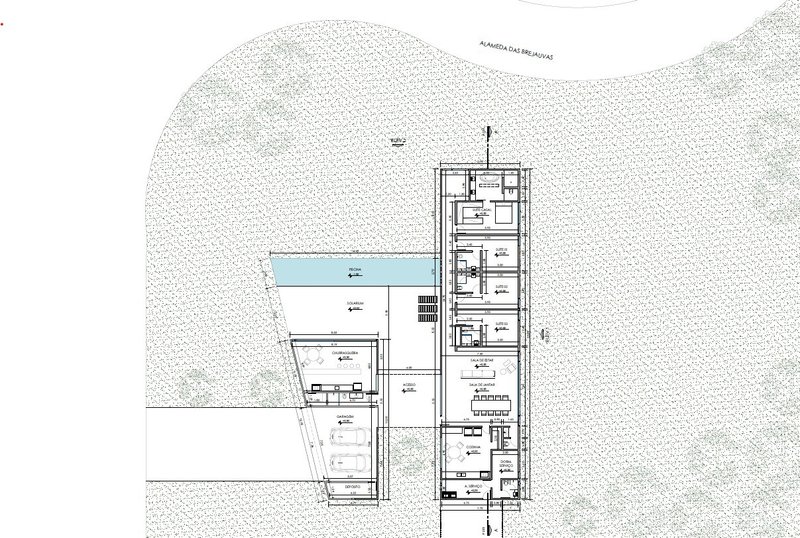 Site plan drawing showing an L-shaped residence with pool and stippled landscape surroundings