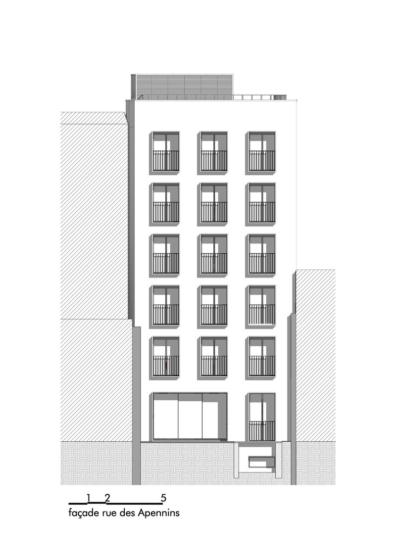 Street facade elevation drawing showing a six-story building with fifteen balconied windows and a ground-floor entrance