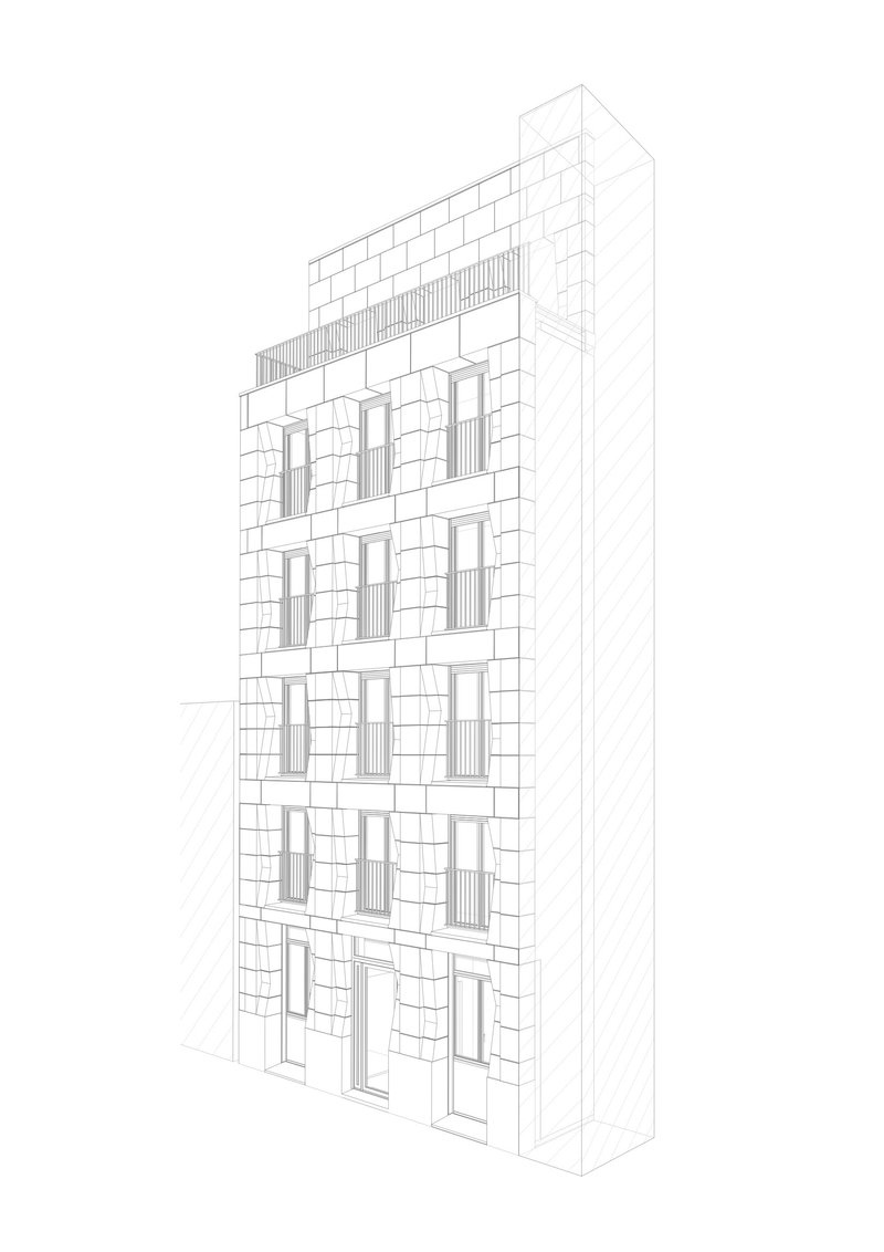 Axonometric drawing of the street facade showing the window openings and balconies in three-dimensional relief