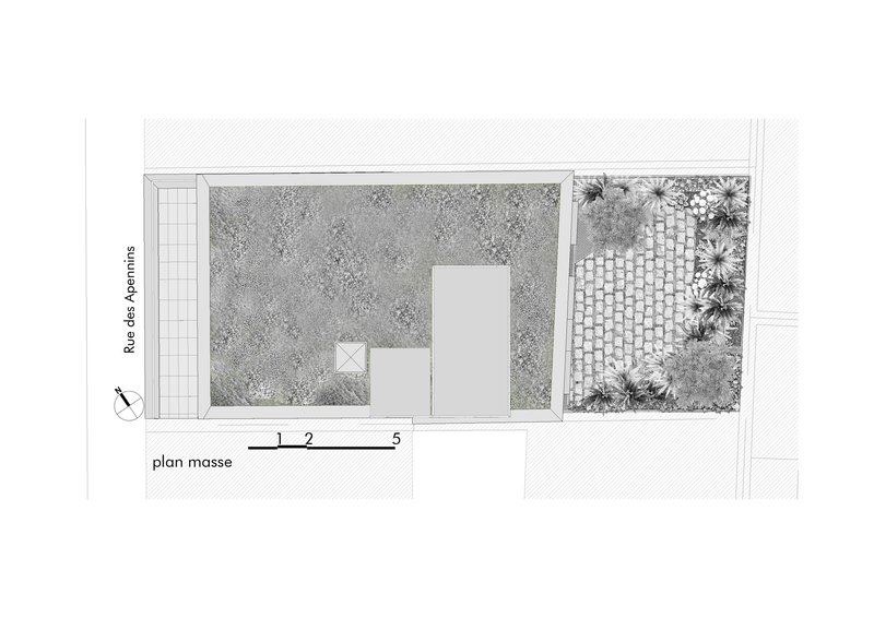Site plan drawing showing two courtyards with paving texture and planted area at right