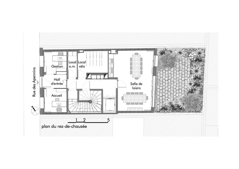 Ground floor plan drawing showing a central staircase flanked by reception areas and a paved courtyard with trees