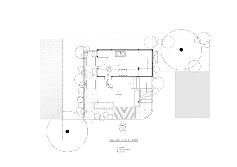 Floor plan drawing showing rectangular volumes with stairwell and surrounding tree canopies