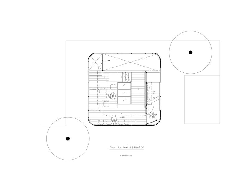 Floor plan drawing showing a central staircase flanked by two circular seating areas