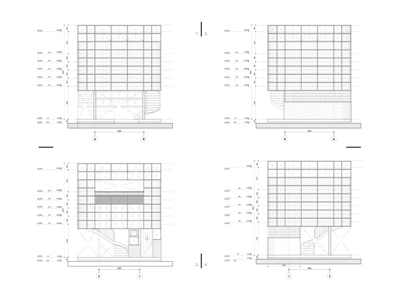 Four elevation drawings showing gridded facades with variations of openings and stairs