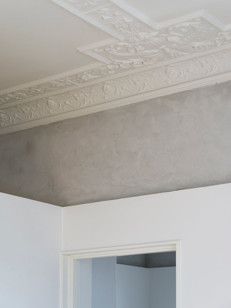 Ornate plaster ceiling molding with floral motifs against a textured grey surface
