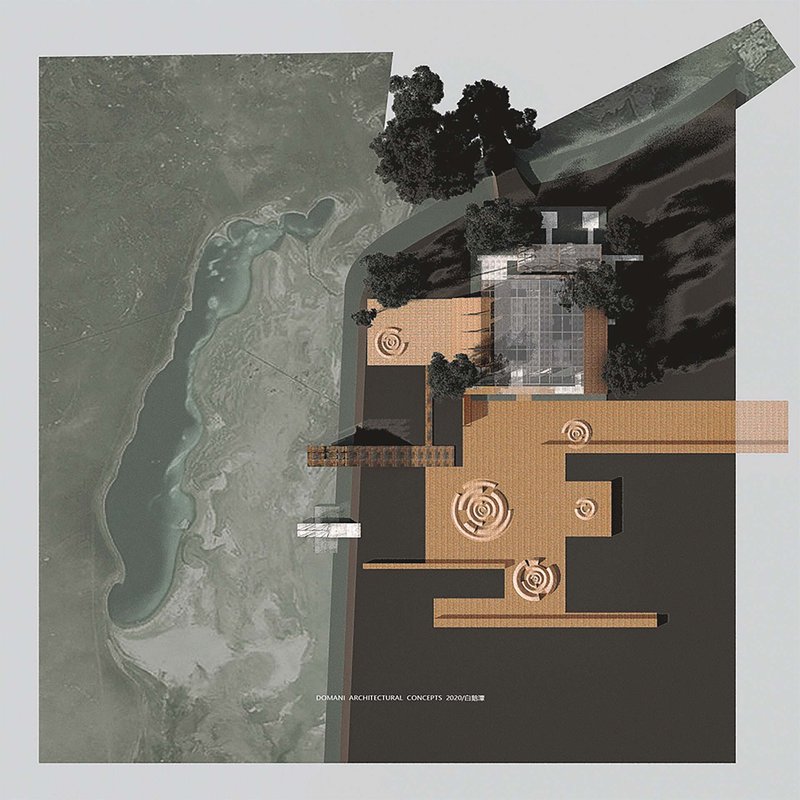 Site plan overlaid on aerial photograph showing building footprints with circular roof features near water