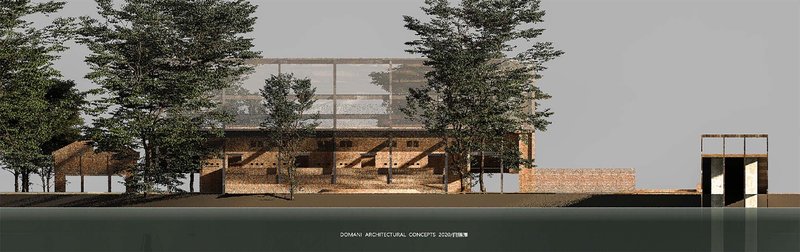 Sectional elevation showing brick volumes with steel frame structure and mature trees under overcast sky