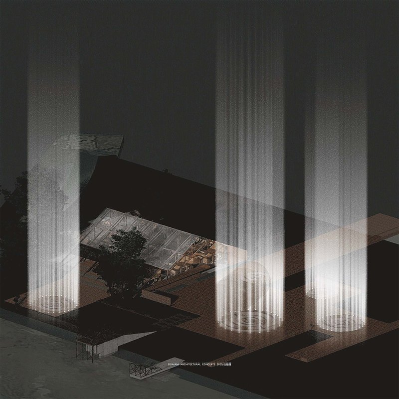Aerial rendering showing translucent pavilion volumes with dramatic vertical light beams at night