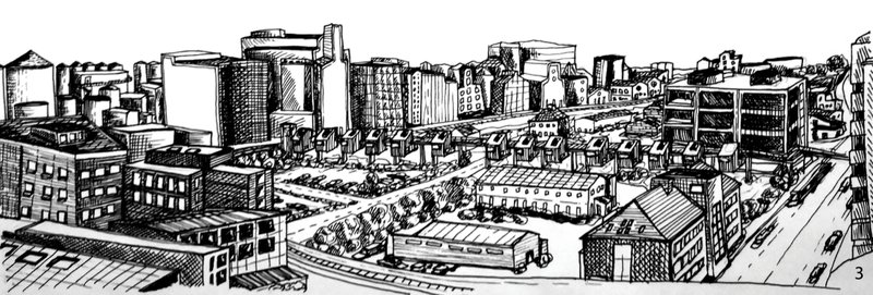 Urban perspective showcasing a vibrant residential community created through the transformation of industrial infrastructure.
