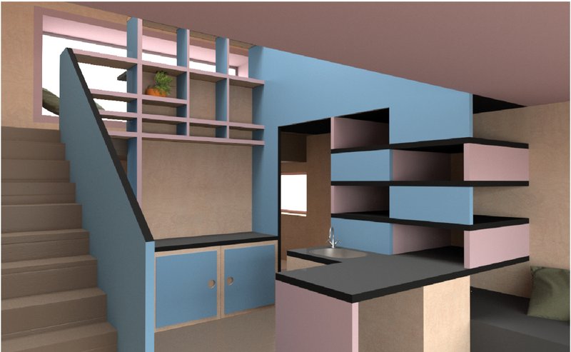 Compact living area featuring custom built-in storage, multifunctional furniture, and space-efficient interior design.