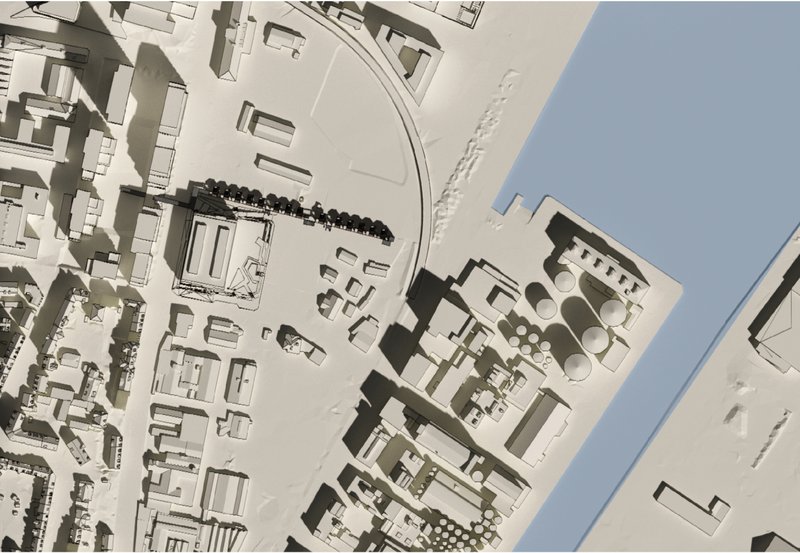 Masterplan visualization showing Clip-on Houses integrated along existing industrial bridge infrastructure in Aarhus.
