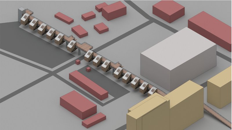 Bridge-mounted housing modules demonstrate adaptive reuse architecture within a former industrial urban landscape.