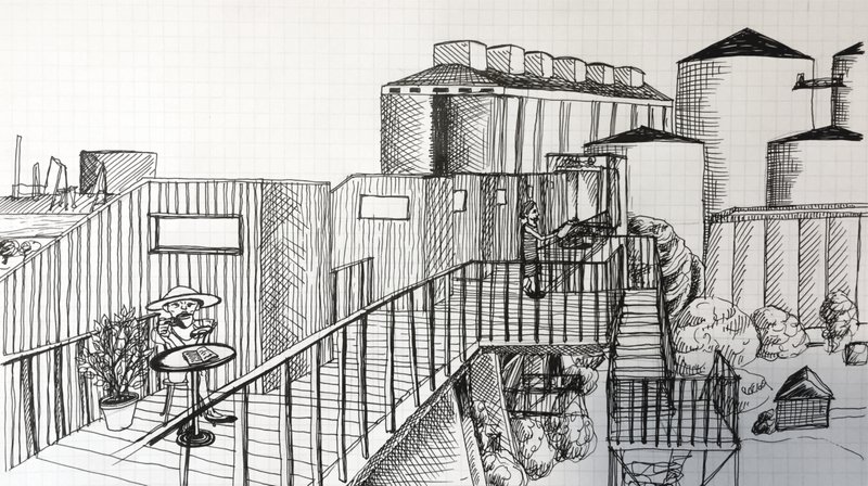 Concept sketch illustrating communal terraces, private living spaces, and elevated public pathways.