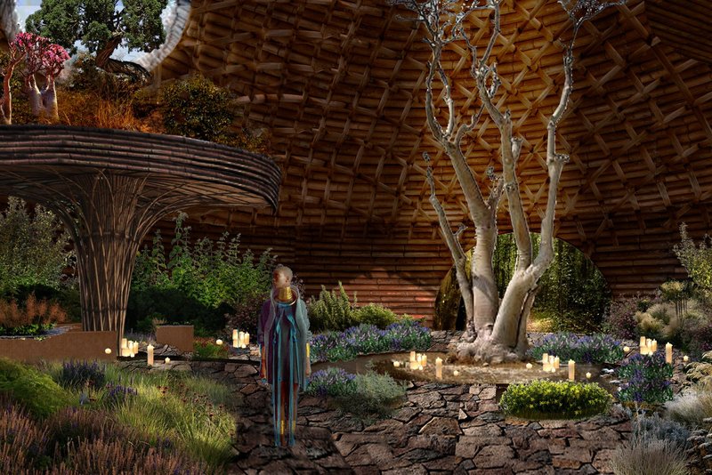 The central chapel courtyard creates a tranquil sanctuary where landscape, spirituality, and sustainable architecture converge.
