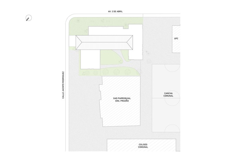 Site plan drawing showing the building footprint and surrounding landscape with adjacent streets and structures