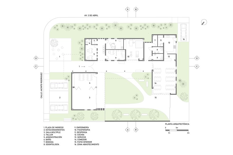 Floor plan drawing showing room layouts, circulation paths, and green spaces with labeled program zones