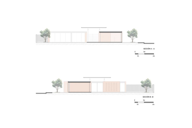Section drawings showing the low-profile structure with flat and vaulted roofs flanked by trees
