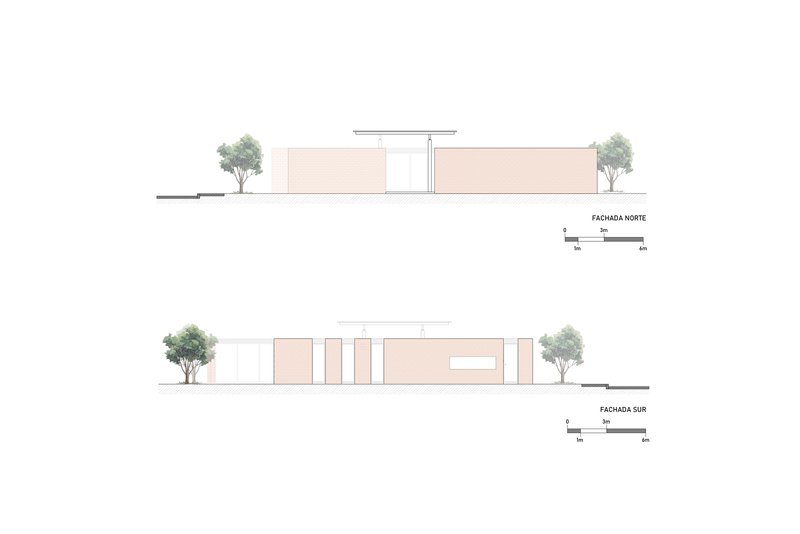 Elevation drawings of the north and south facades with peach-toned wall panels and framing trees
