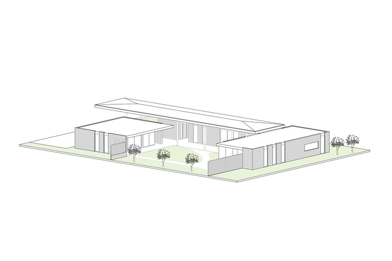 Axonometric drawing showing the courtyard-centered plan with overhanging roof and surrounding lawn