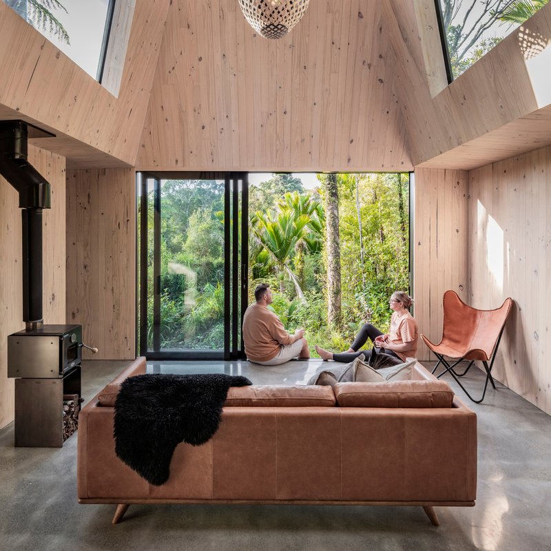 Interior with sloped plywood ceiling and two people seated on sofa facing full-height glazing to garden