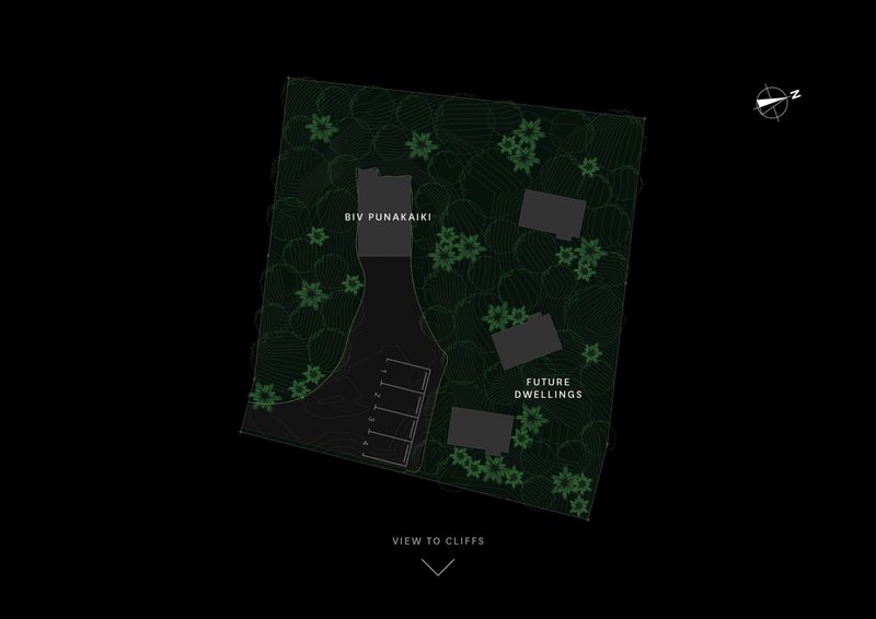 Site plan drawing showing building footprint surrounded by topographic contours and tree symbols