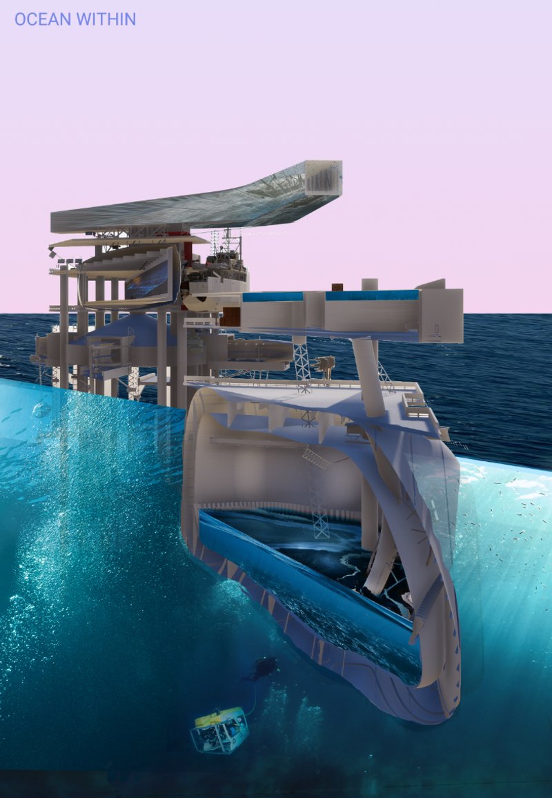 Underwater research habitat integrated into a repurposed offshore platform, connecting ocean exploration with adaptive reuse architecture.