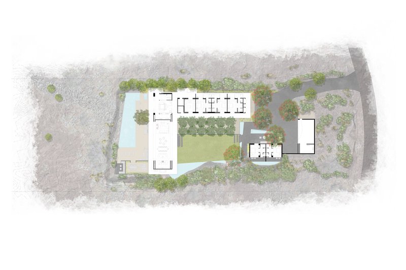 Site plan drawing showing building volumes around a courtyard and pool amid scattered trees and landscape