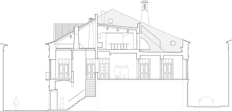 Section drawing showing interior levels with arched ceiling vaults and external stairs