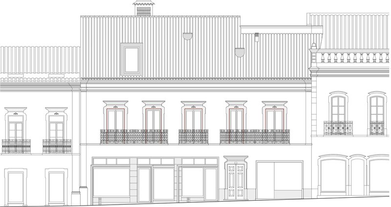 Elevation drawing of a two-story facade with five tall windows and ornamental ironwork balconies