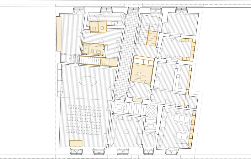 Floor plan drawing with yellow-highlighted circulation zones showing a central corridor and terrace areas