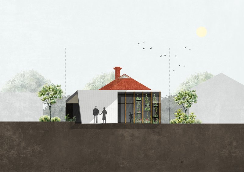 Section drawing illustrating the red tiled roof pavilion and glazed extension with figures and trees