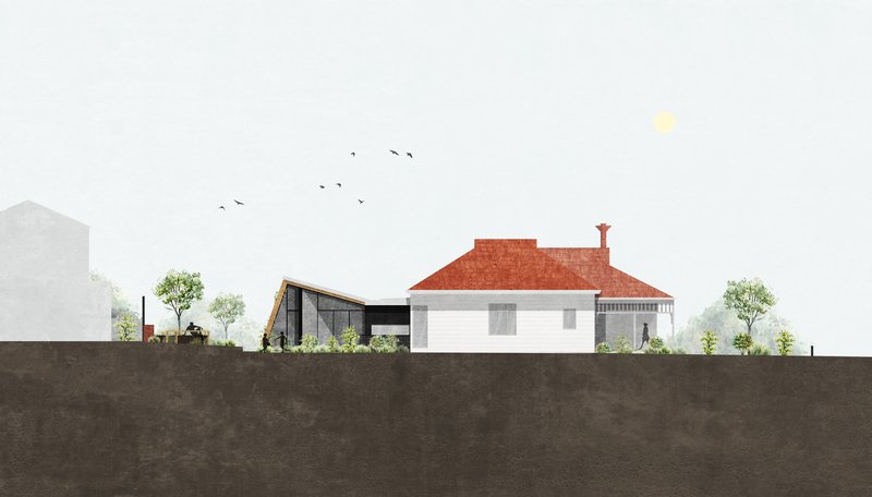 Section drawing depicting the red tiled roof volume and attached pavilions with flying birds overhead