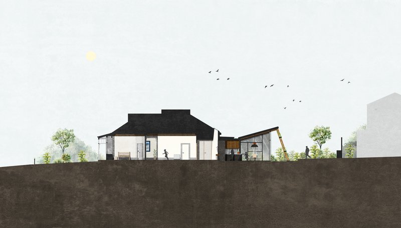Section drawing revealing two residential volumes with pitched roofs connected by glazed passages among scattered trees