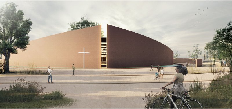 A contemplative entrance where sacred architecture, light, and landscape guide visitors toward a spiritual journey.