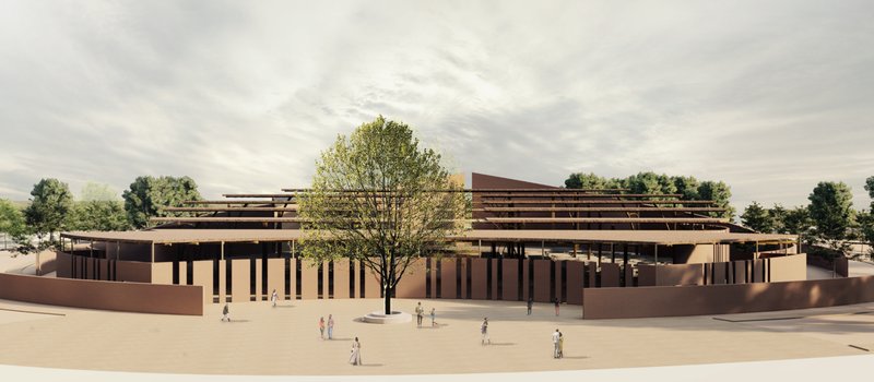 The Eco-Chapel's circular form creates a powerful landmark, blending community space with sustainable design principles.