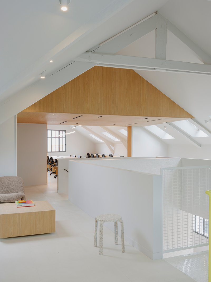 Oak-clad volume inserted beneath white-painted roof structure with exposed timber beams and skylights