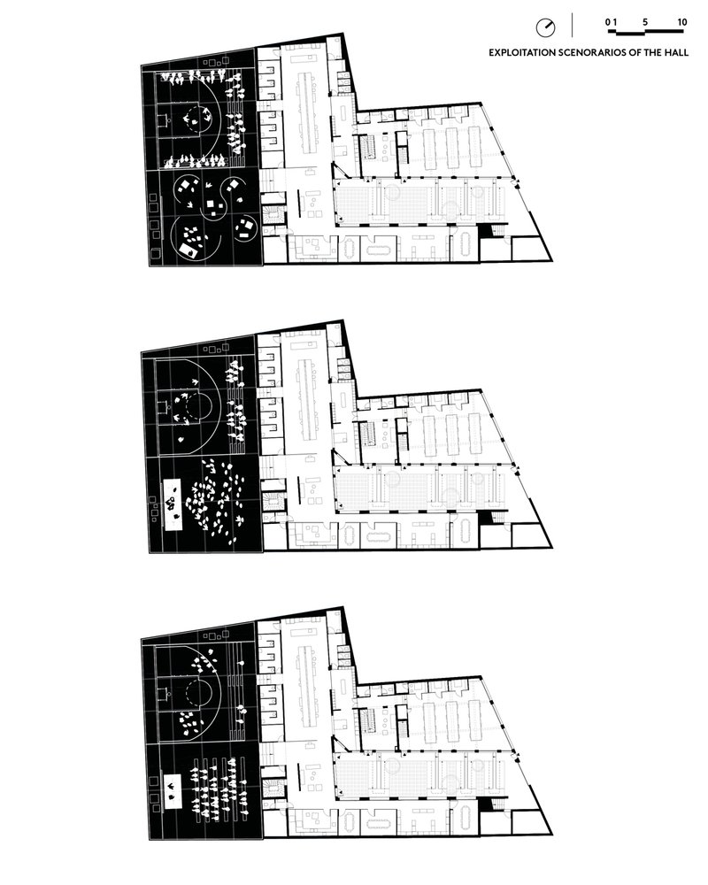 Floor plan drawings showing three scenarios for hall usage with basketball court and seating arrangements