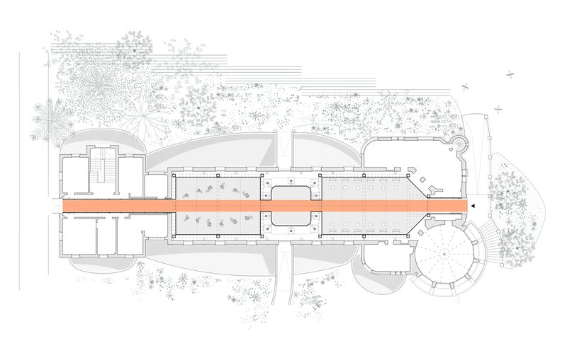Floor plan drawing showing linear gallery spaces with vaulted rooms and surrounding landscaped grounds