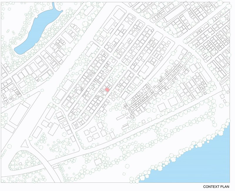 Context plan drawing showing the building site highlighted in pink within a residential neighbourhood near two water bodies