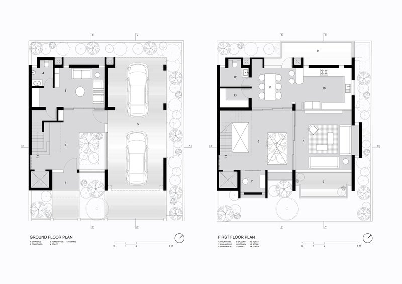 Ground and first floor plan drawings showing the parking garage with two vehicles and upper living spaces with terraces