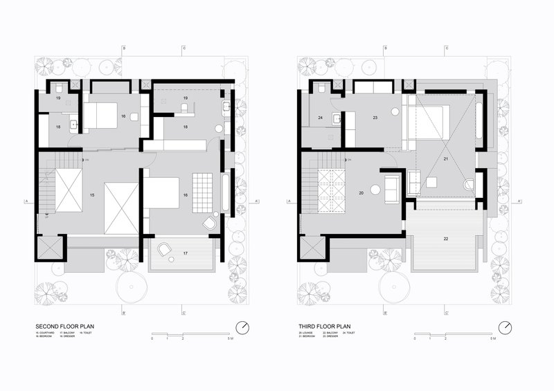 Second and third floor plan drawings showing bedroom layouts and a rooftop terrace with open-air space